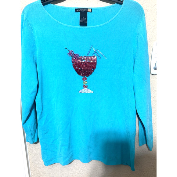 VTG Sweater Works Top Beaded Sequined Turquoise Blue Tank Top Cocktail martini - Picture 1 of 6